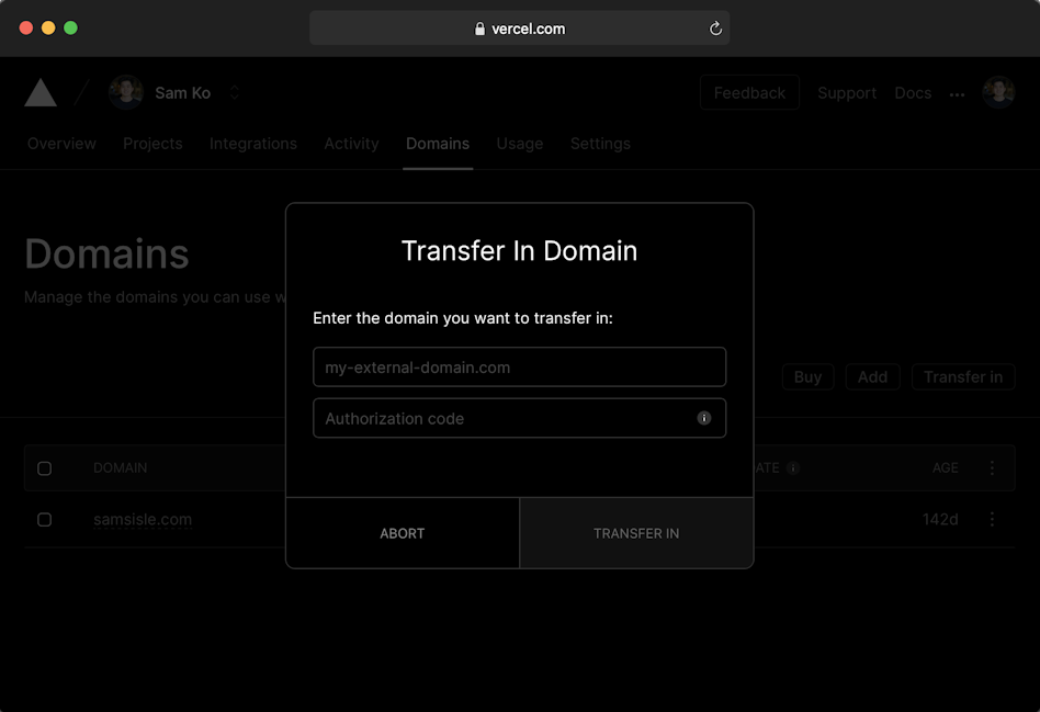 Transfer In Domain Modal in Vercel Dashboard. | Tags: text, file