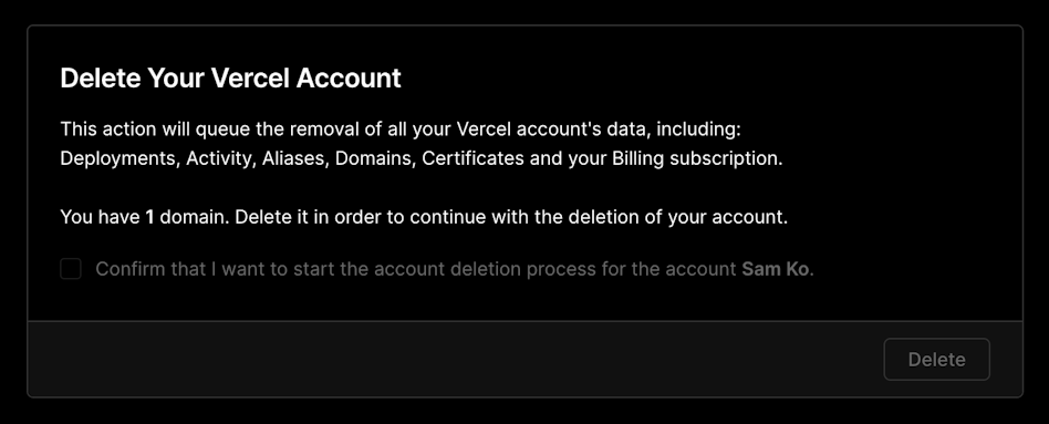Deleting a Vercel account. | Tags: text, business card, paper