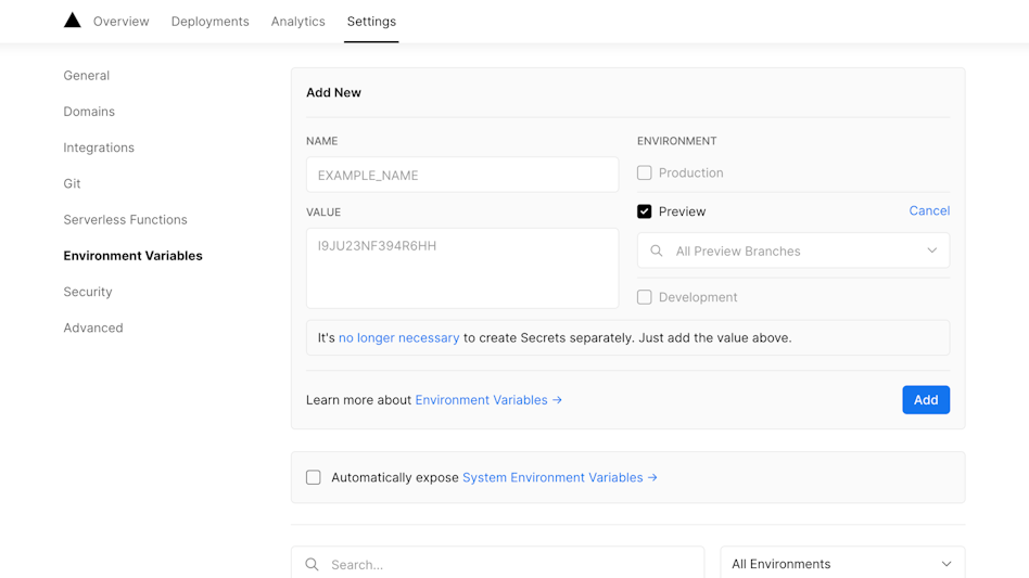 The Environment Variables UI in Project Settings. | Tags: file, text, page, webpage