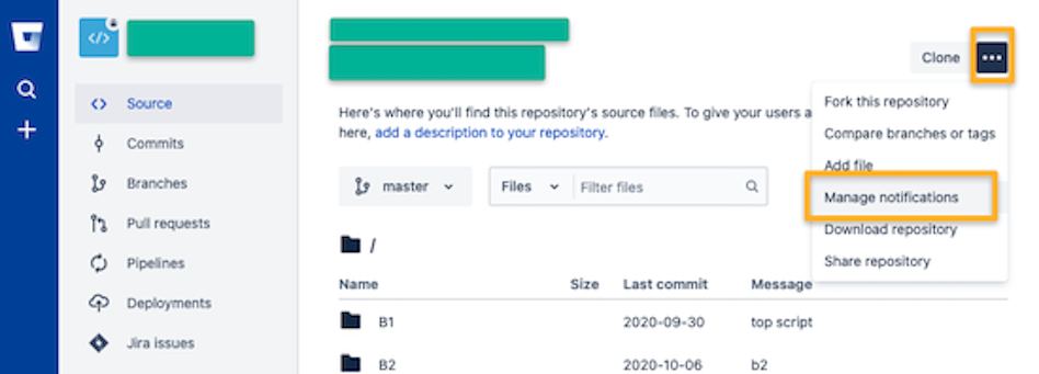 Notifications of Bitbucket repository | Tags: text, file, page