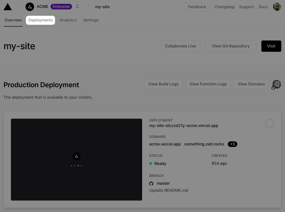 Deployments tab of the Project Overview page | Tags: text, page