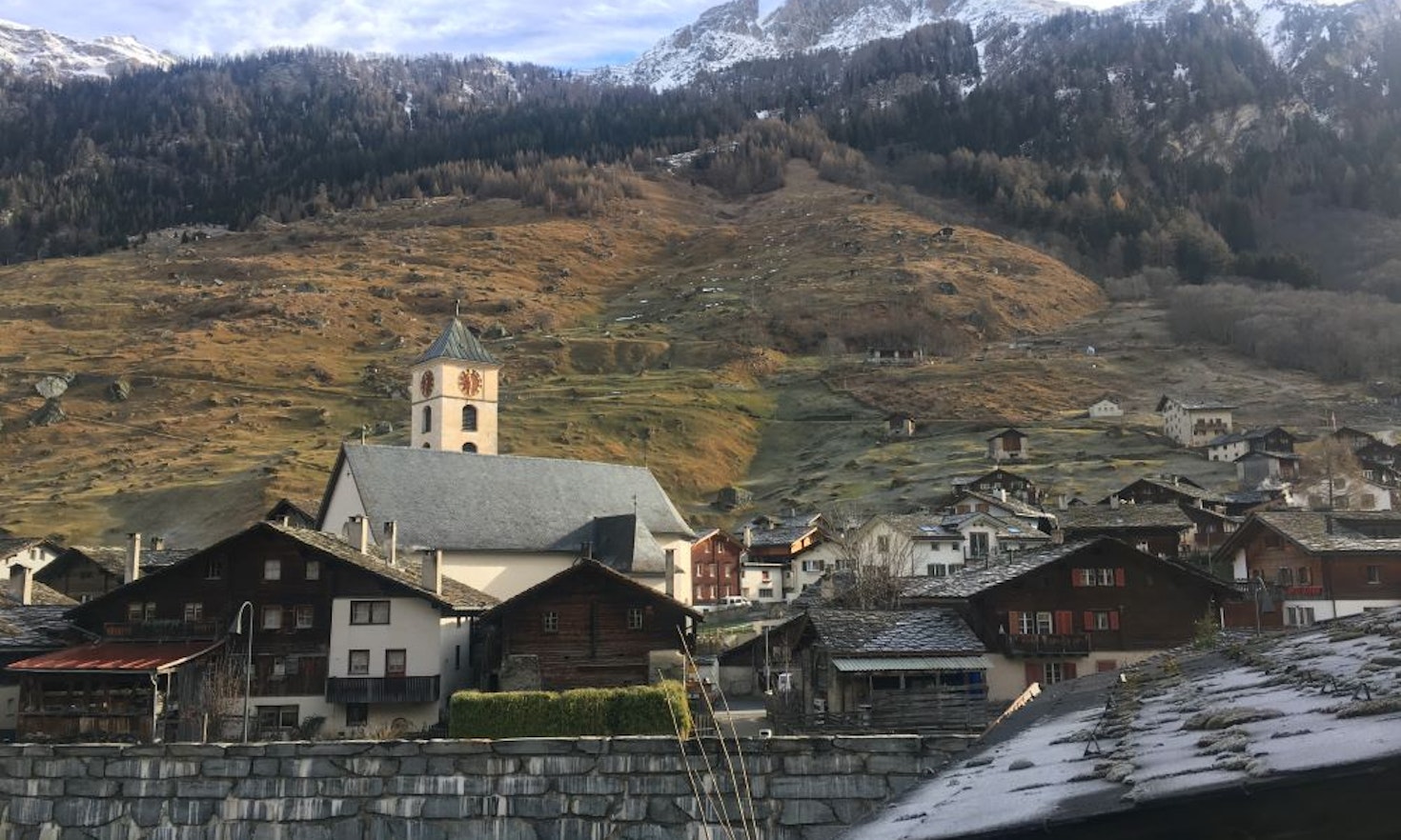 Swiss mountain village Vals with its signature steeple