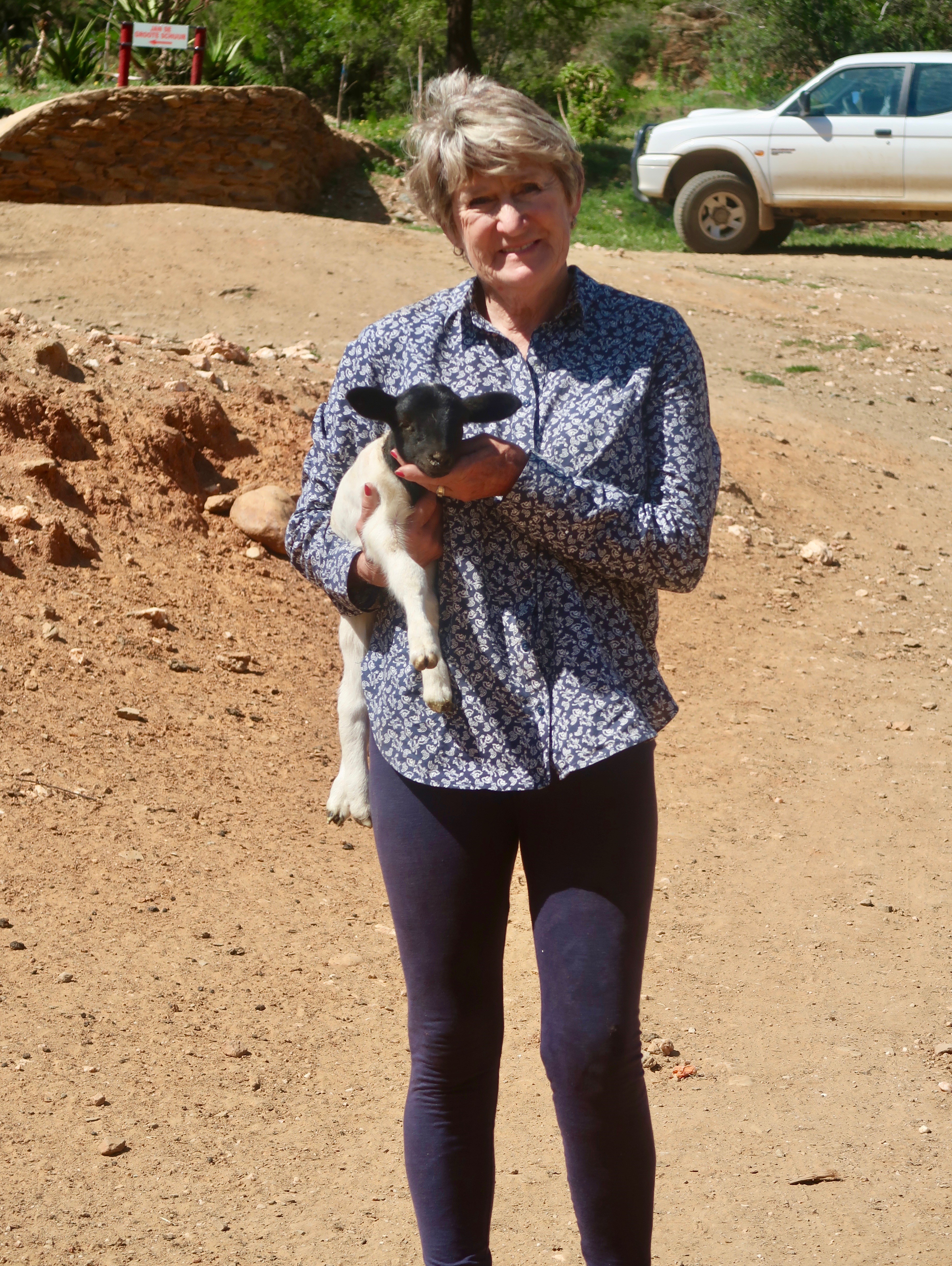 Maggie Fourie holding a lamb on the Oudemagurie farm Maggie Fourie holding a lamb on the Oudemagurie farm