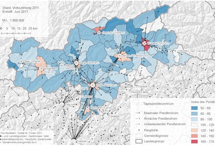 Tagespendlerzentren und maximale Pendlerströme in Südtirol 2011
