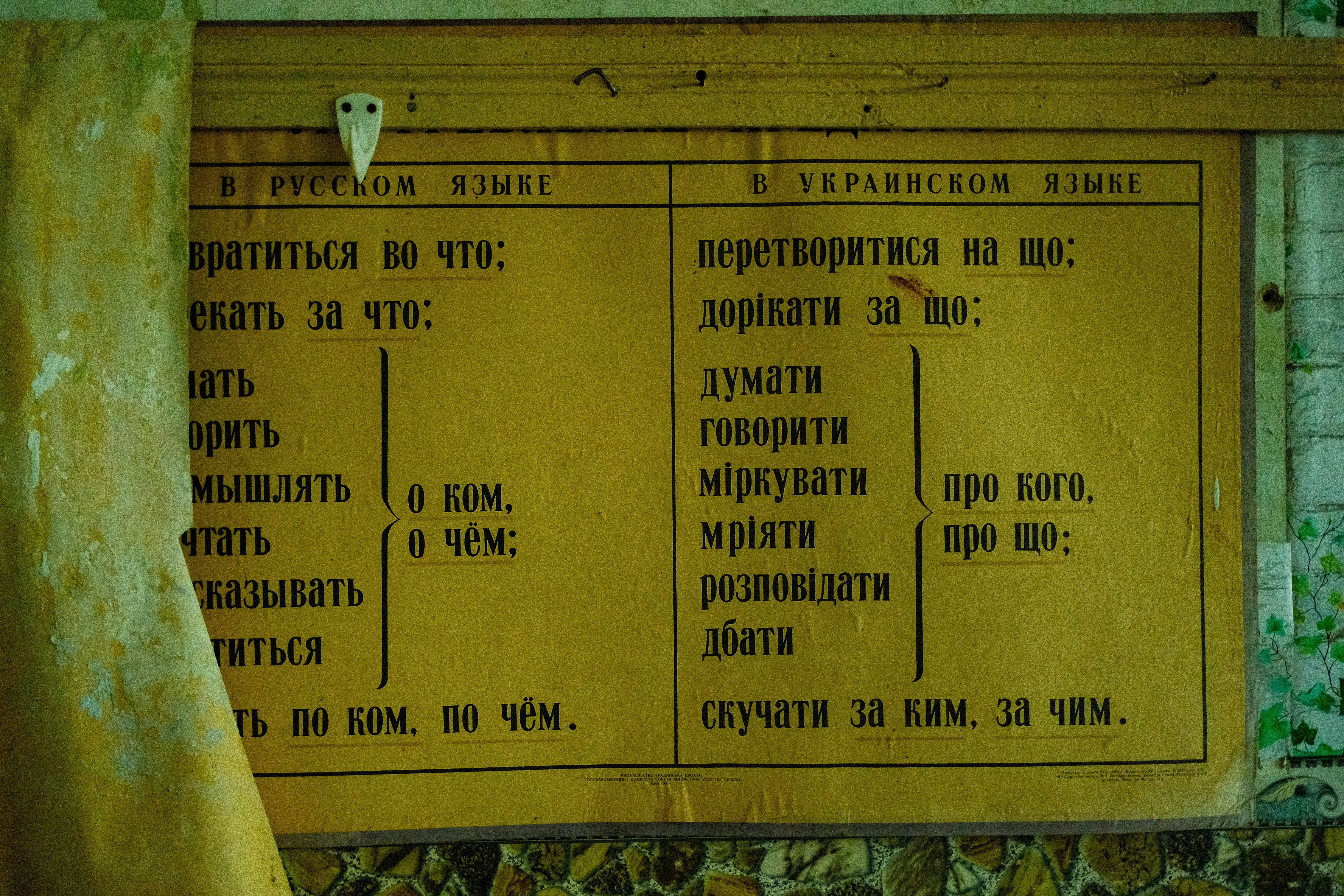 A faded classroom chart comparing Russian and Ukrainian grammar captures Ukraine’s complex linguistic history and the central role of language in today’s debates over identity and security.