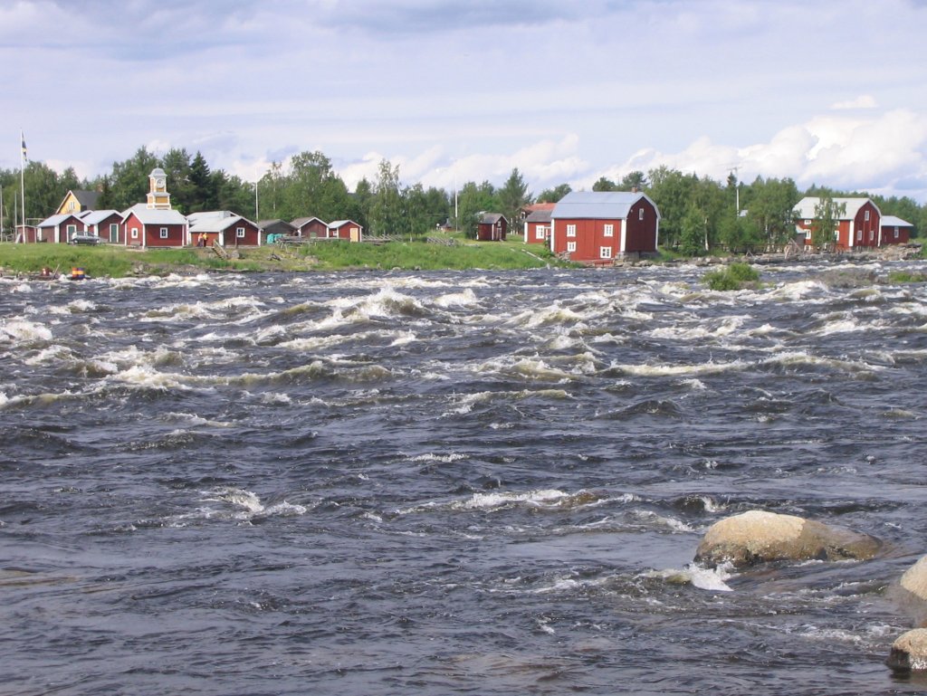 Kukkola Rapids of Torne River in Tornio, Finland. Opposite bank belongs to Sweden