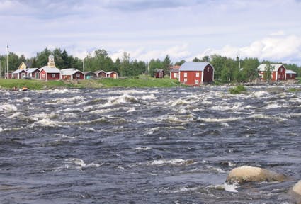 Kukkola Rapids of Torne River in Tornio, Finland. Opposite bank belongs to Sweden