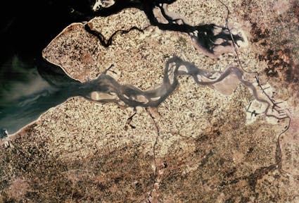 Satellite image of the Scheldt delta showing the Western Scheldt at low tide