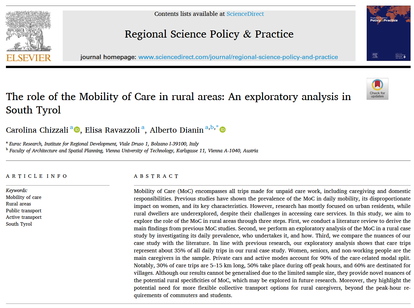 The role of the Mobility of Care in rural areas - new publication