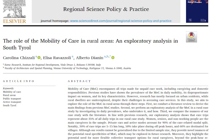The role of the Mobility of Care in rural areas - new publication
