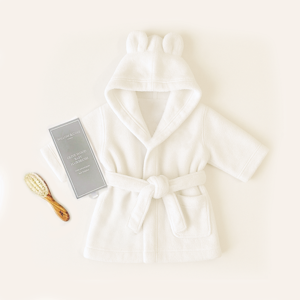 Baby Robe Set Luxury Baby Gift Set – Hydrocotton Robe & Olivewood Brush