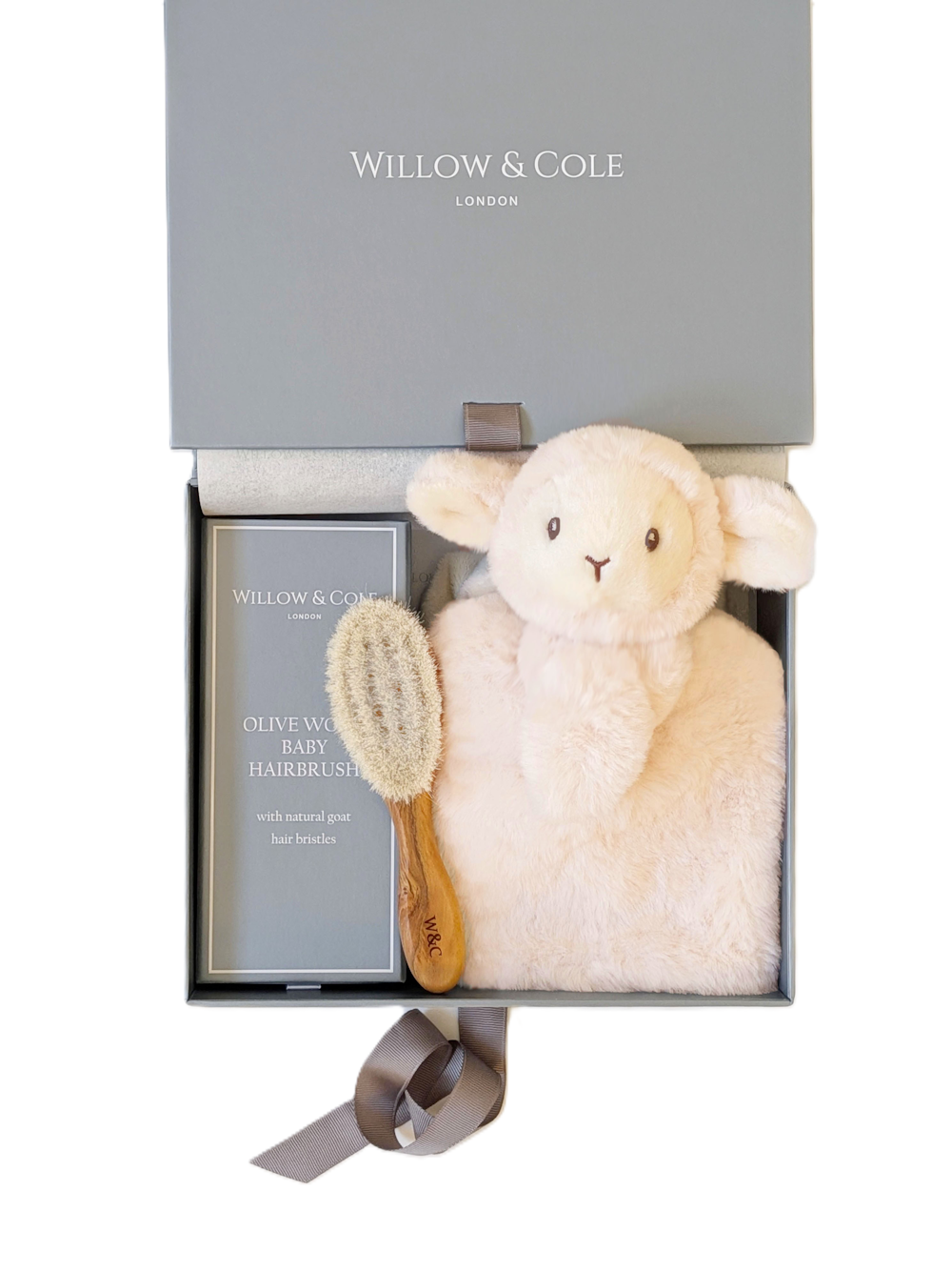Luxury newborn gift set of Evie the Lamb Plush Toy and Olivewood