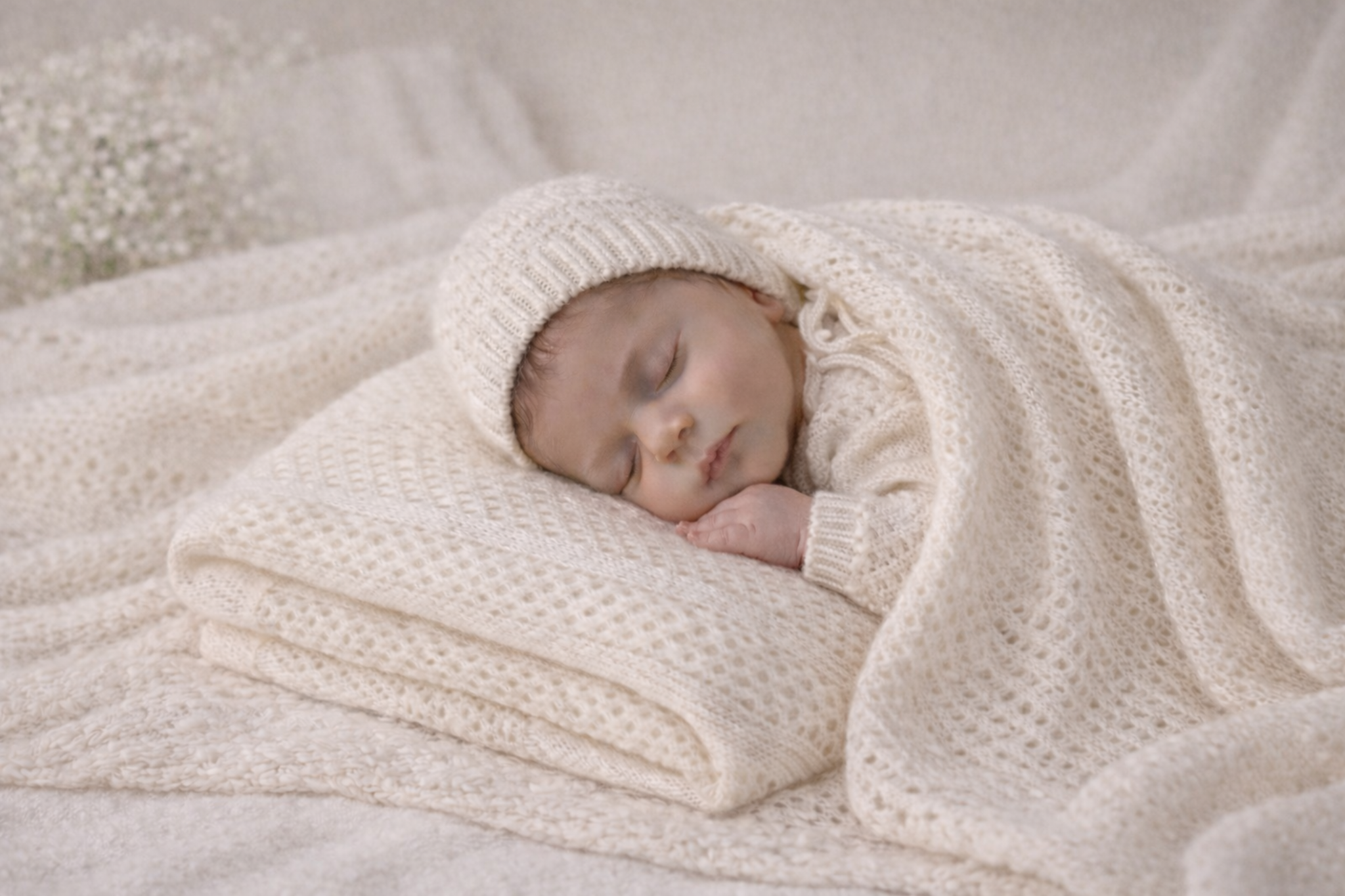 Newborn baby wrapped in a Willow & Cole cashmere blanket with matching bonnet and booties