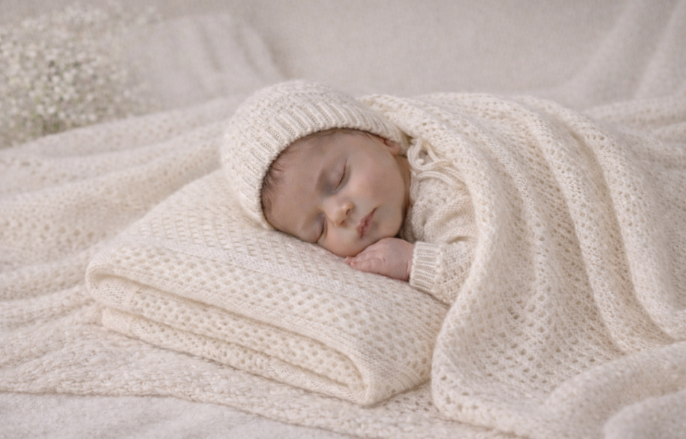 Newborn baby wrapped in a Willow & Cole cashmere blanket with matching bonnet and booties
