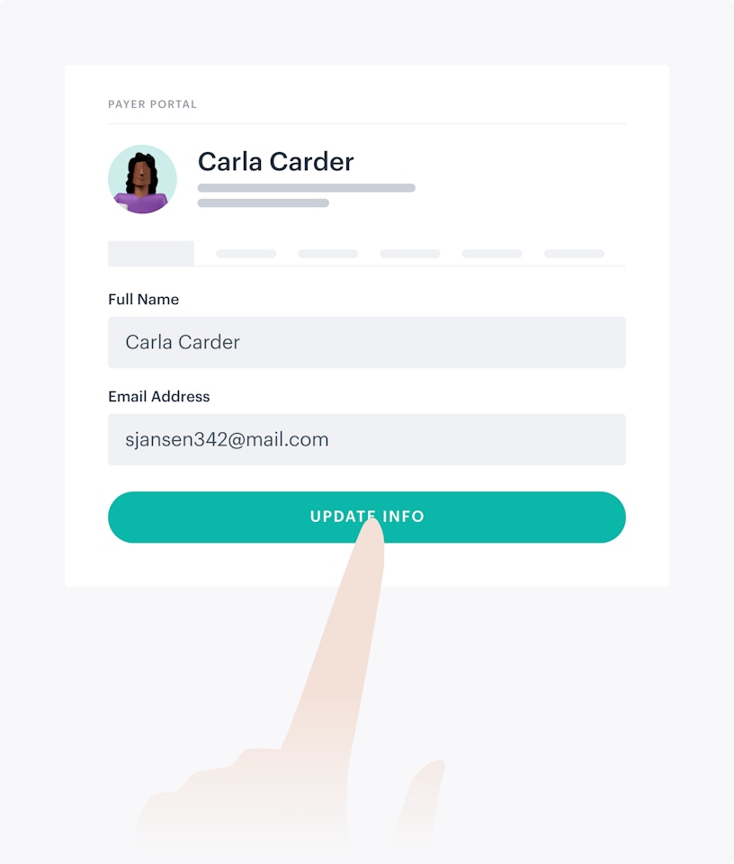 Hand pressing update info button to show how a payer can update their info via the payer portal.
