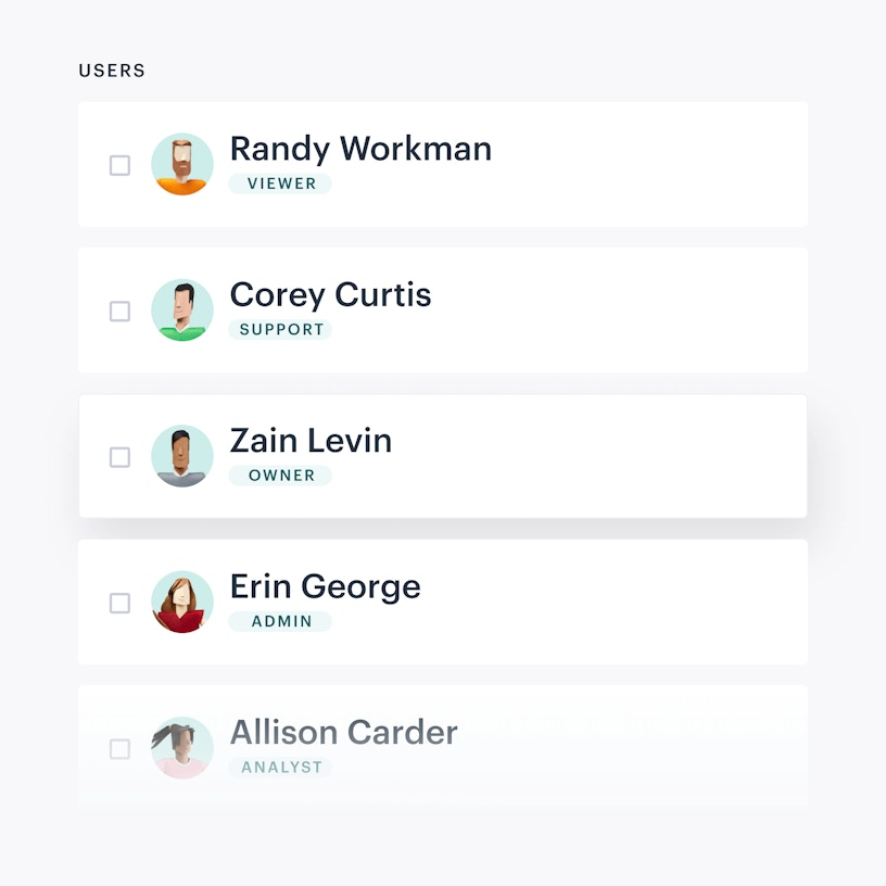 Users list showing different roles such as; viewer, support, owner, admin, and analyst