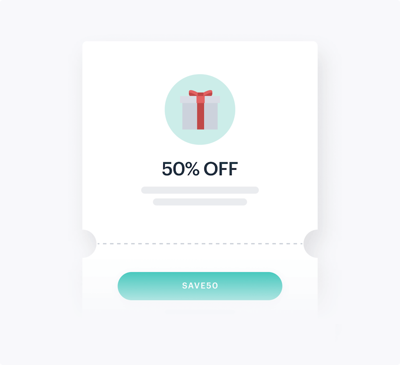 Coupon illustation showing 50% and a code.
