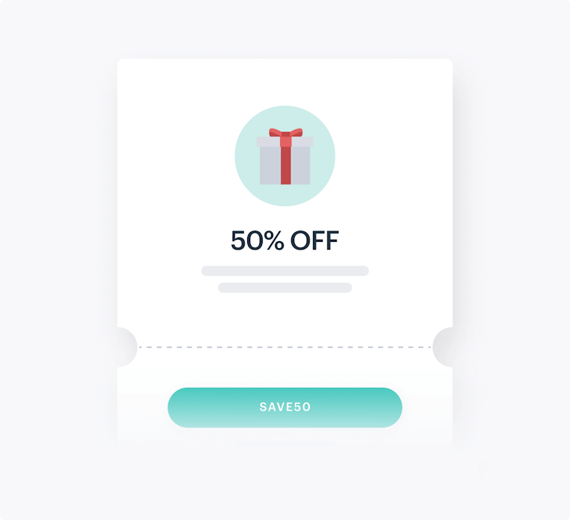 Coupon illustation showing 50% and a code.