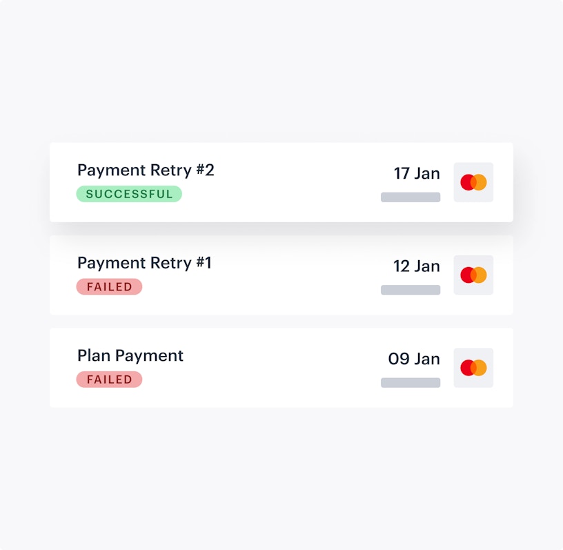 Cards with payment attempts, two are failed and one is successful