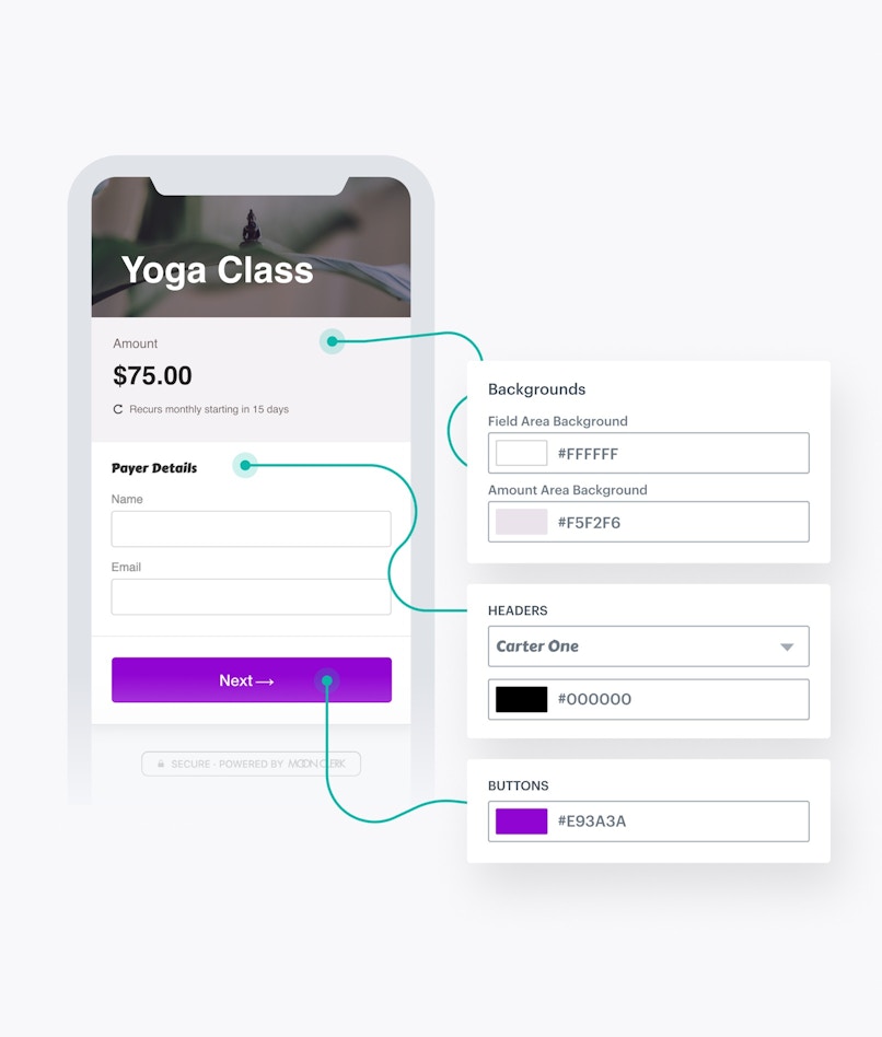 MoonClerk checkout form connected to floating fields showcasing the ability to edit the form design