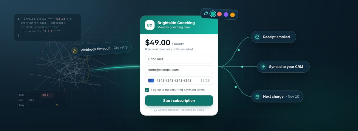 How to Accept Recurring Payments Without Building a Complex Billing System Branded $49 per month recurring payment form connected to automated receipt, CRM sync and next-charge steps