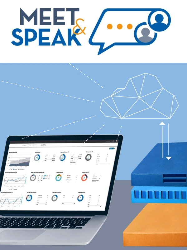 Immagine della landing page di iscrizione all'evento Meet & Speak - Infrastructure con il logo dell'evento e un laptop connesso al cloud e a server e storage aziendali.