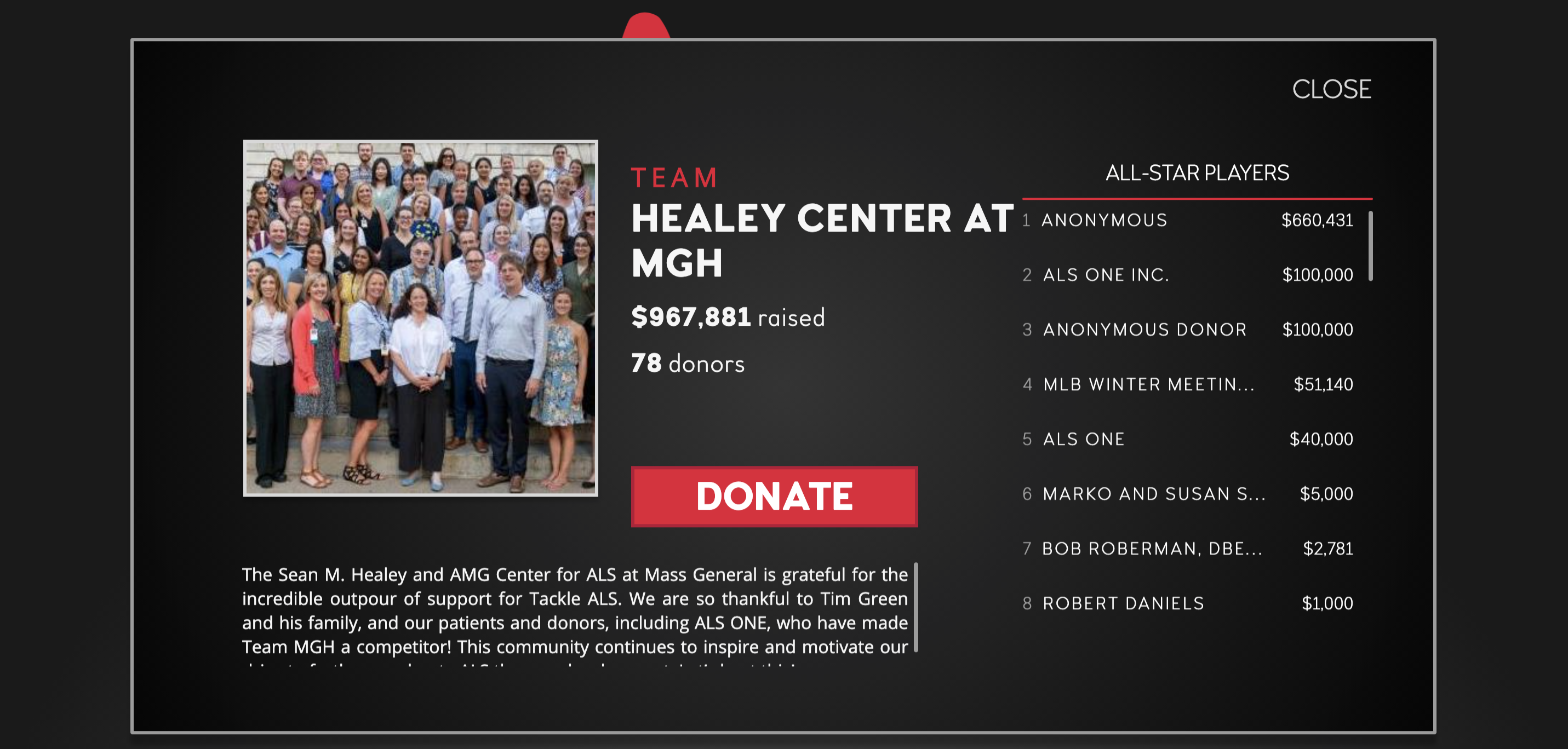 TackleALS - MGH Healy Center donation page