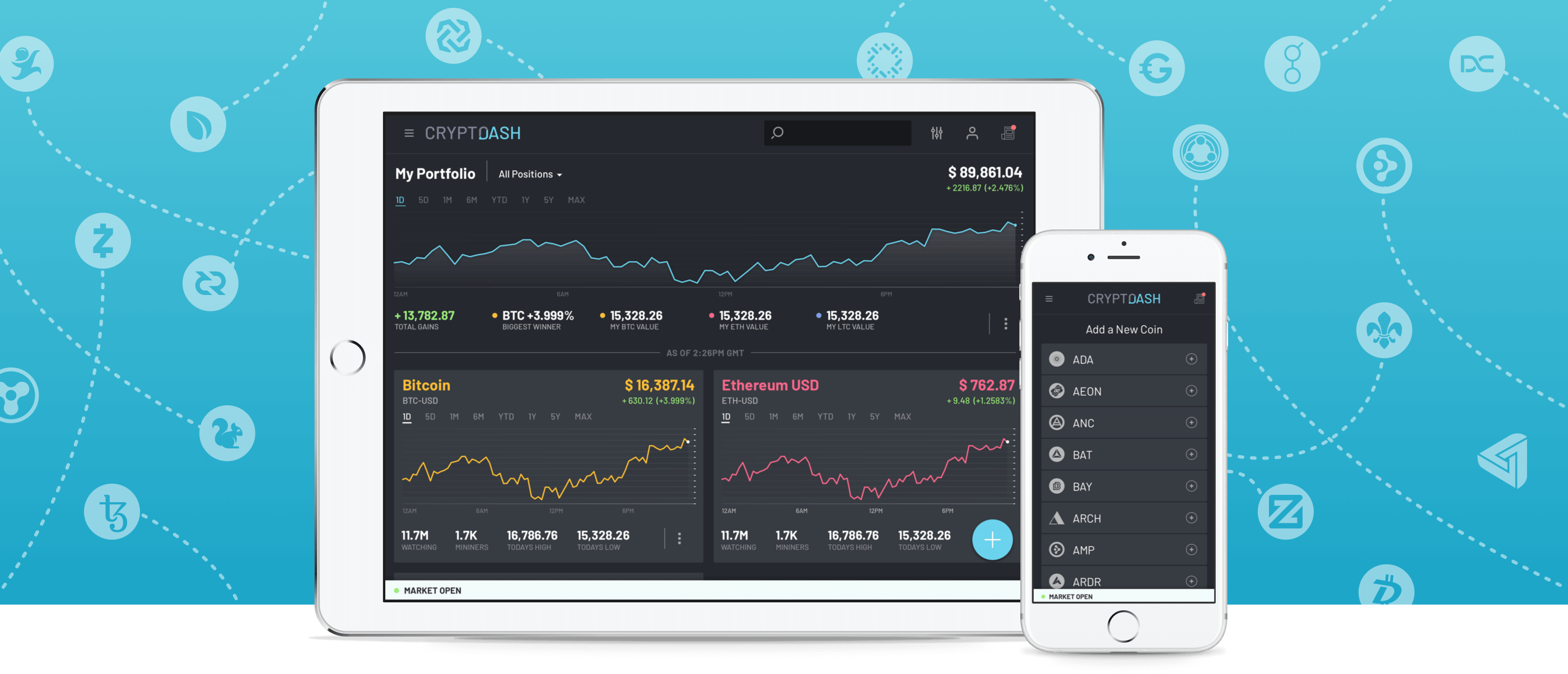 CryptoDash Tablet and Mobile Designs, with floating coin icons