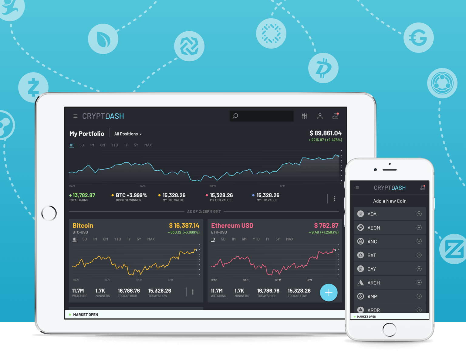 CryptoDash Tablet and Mobile Designs, with floating coin icons
