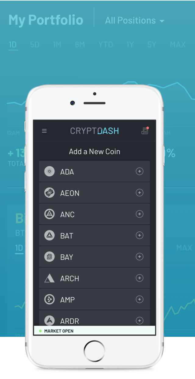 CryptoDash Tablet and Mobile Designs, with floating coin icons