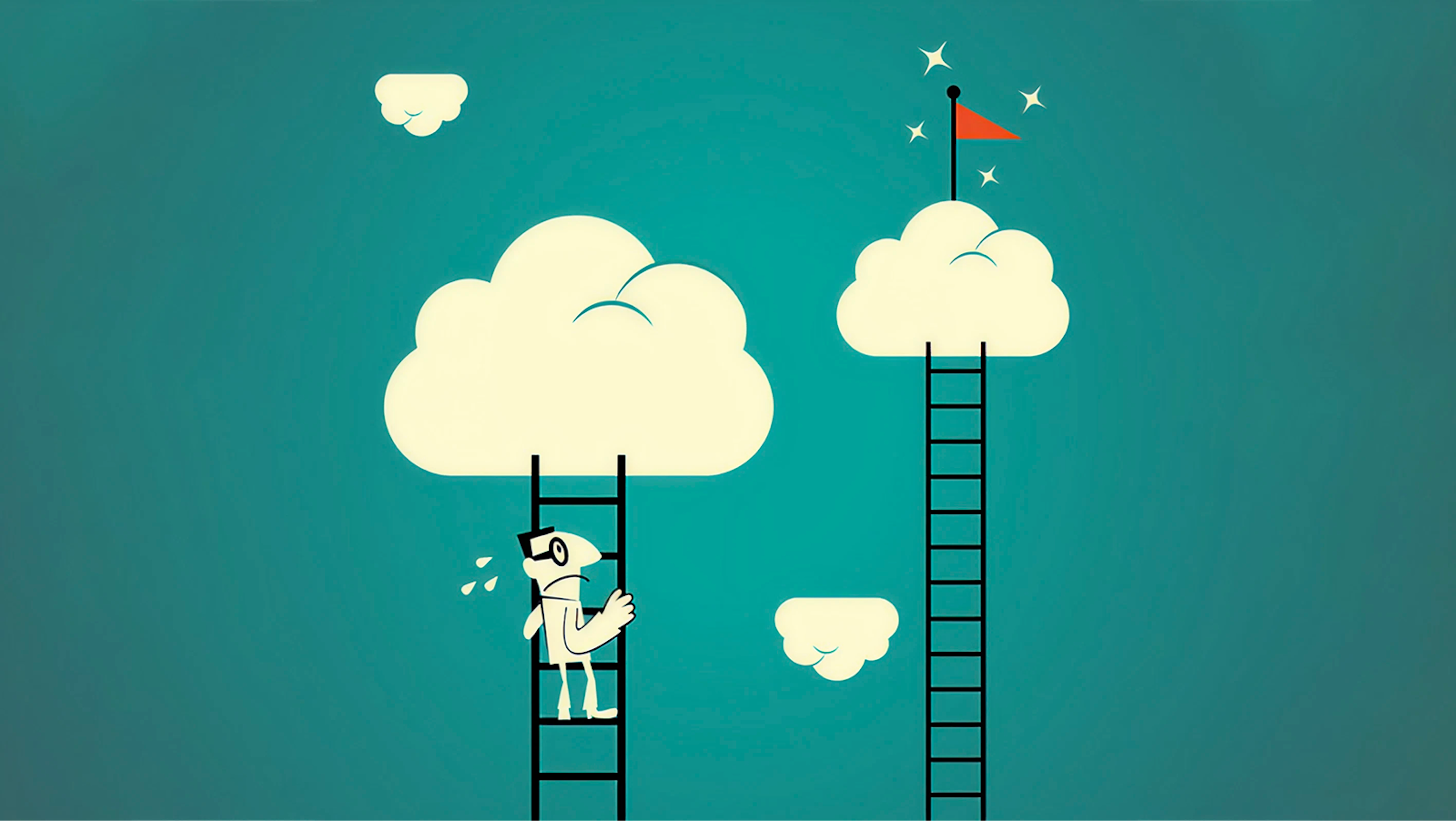 Character climbing up a ladder into the clouds