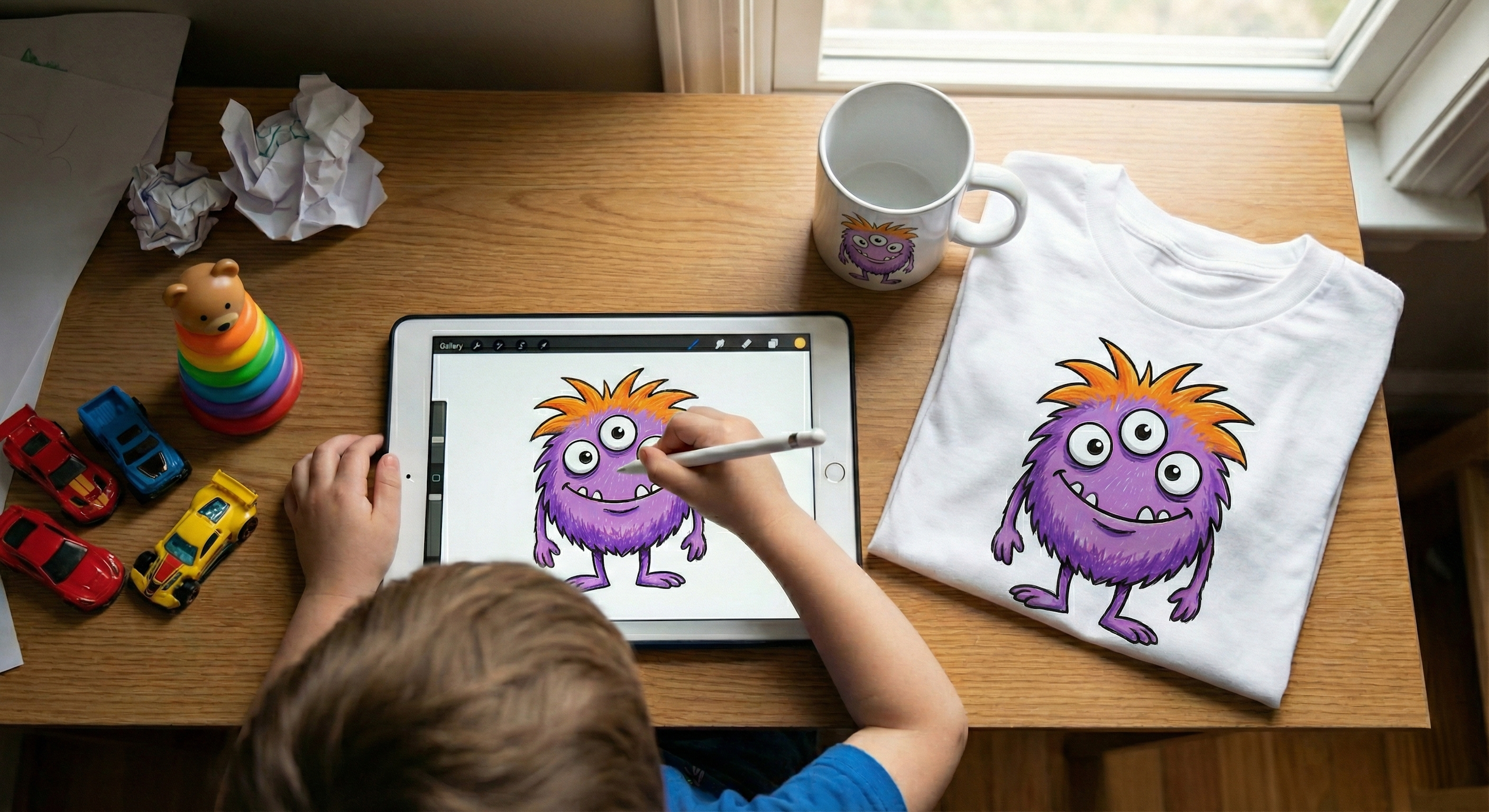 child drawing on tablet graphics for a mug and t-shirt
