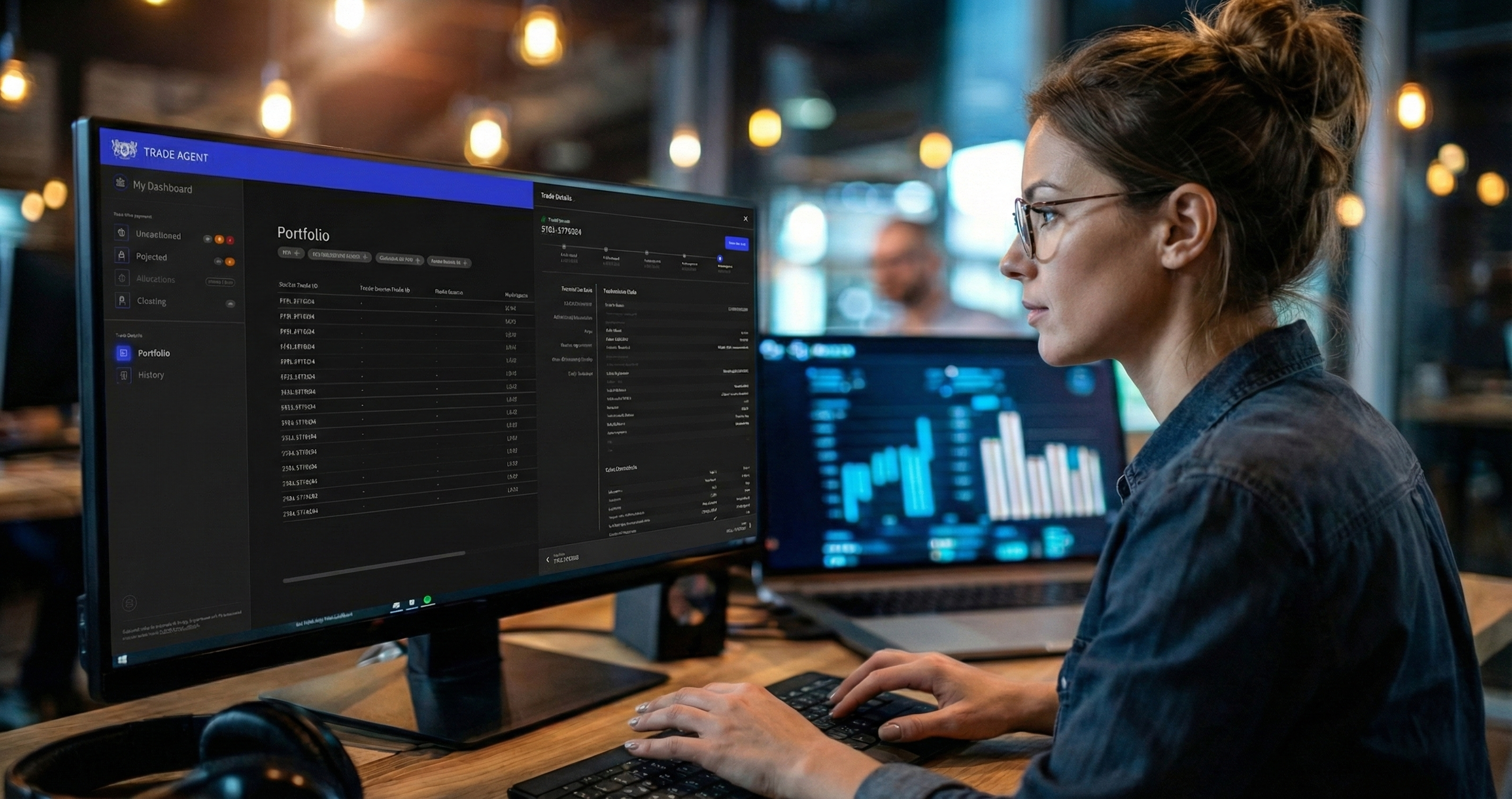 Worker looking at a finance tool on a large display in office