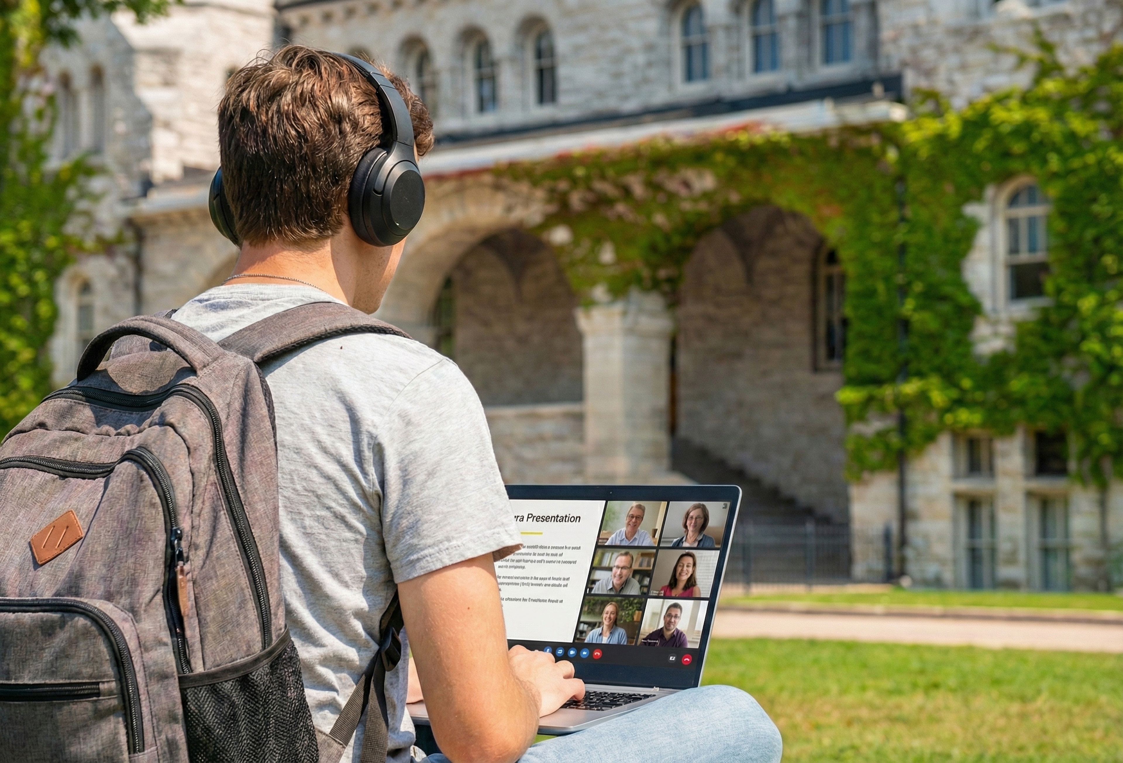 Student attending a video call on campus