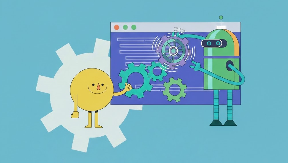 HappyFunCorp character and AI robot working together to accelerate new digital product design
