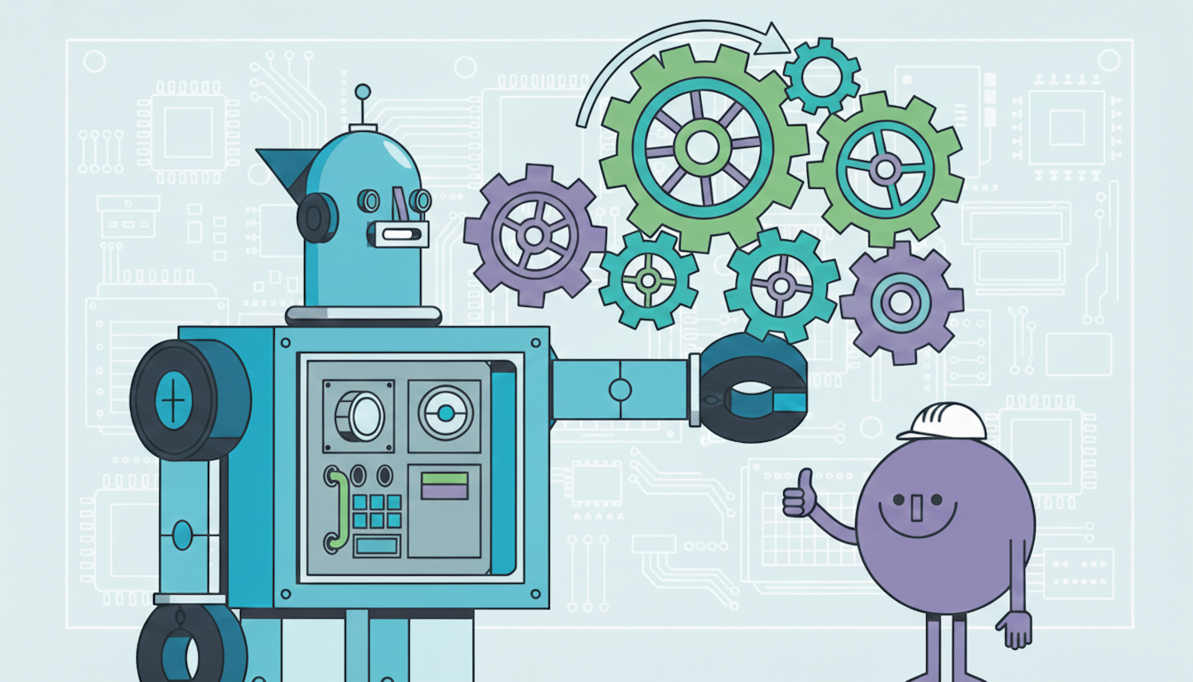 HappyFunCorp illustration working with a robot