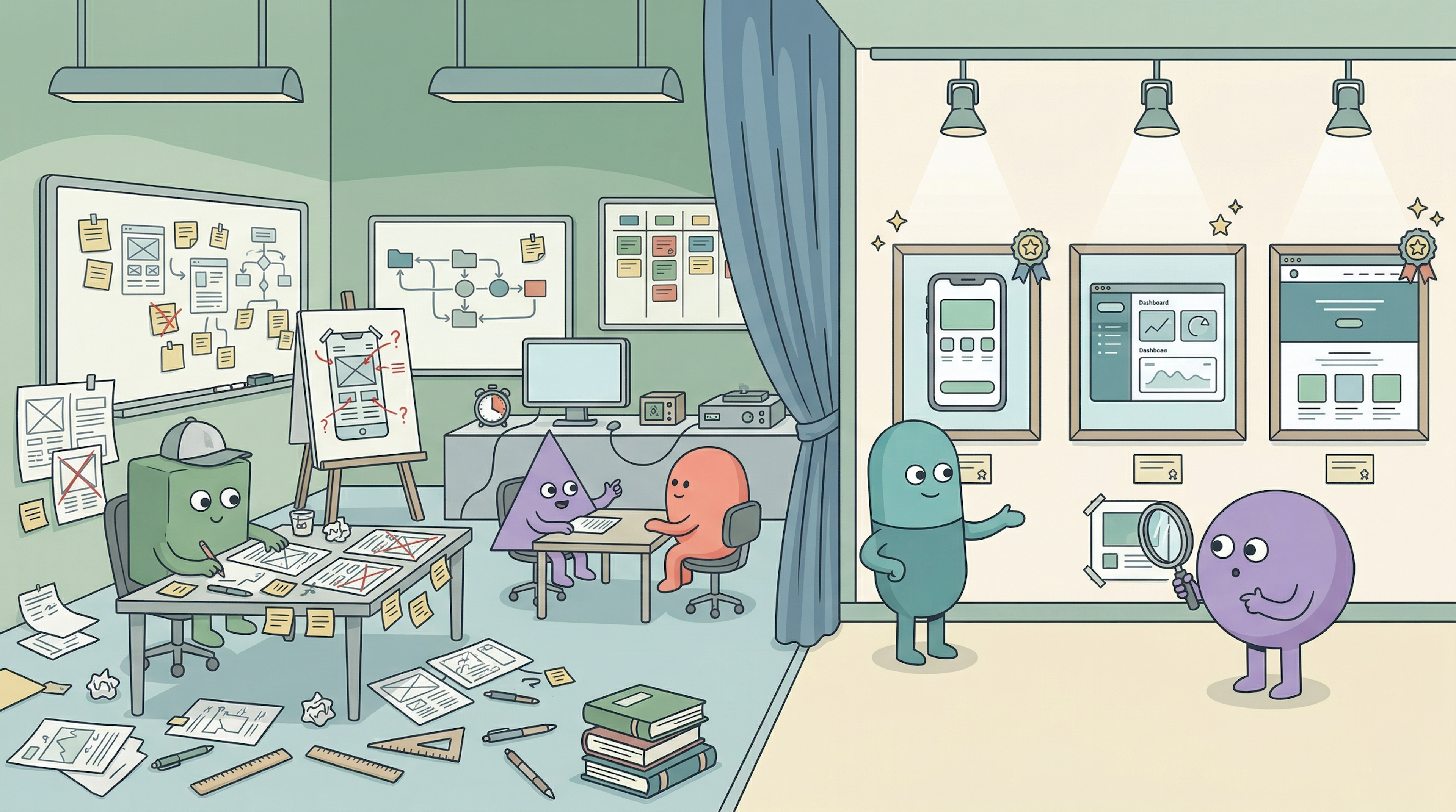 HappyFunCorp illustrations showing the behind the scenes process to get the final product design