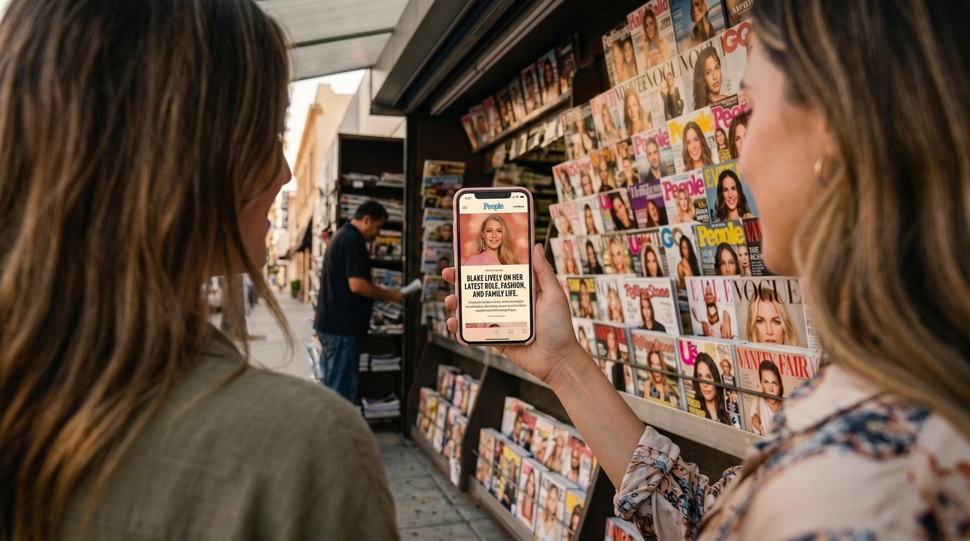 Two women looking at the People Magazine mobile app standing by a news stand