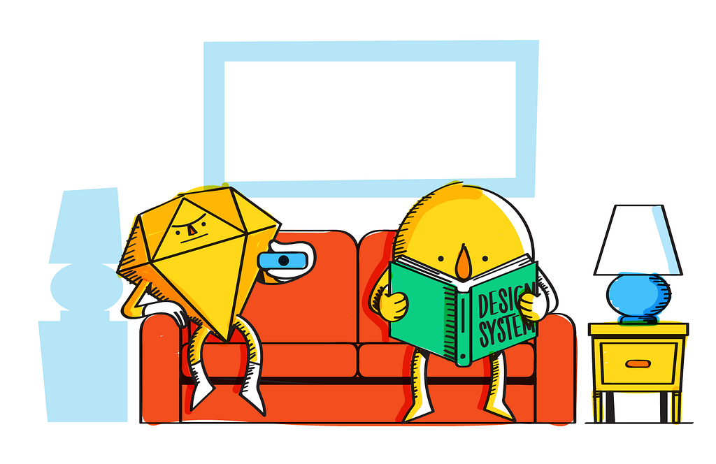 Illustration of HappyFunCorp characters watching TV and reading a book on the couch