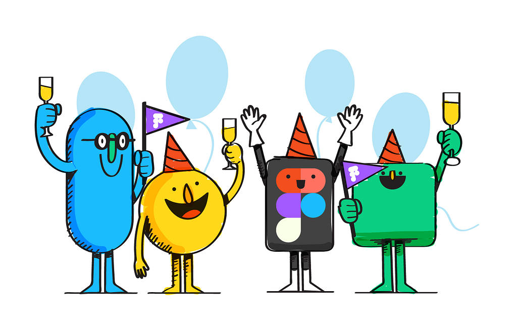 Illustration of HappyFunCorp characters celebrating with Figma