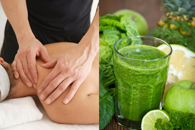 woman receiving massage for cancer treatment and a green smoothie