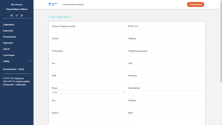 Pannello di creazione operatore