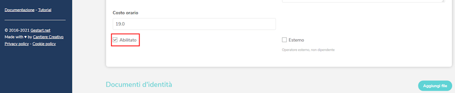 Campo di abilitazione operatore nella sezione Crea Operatore di Gestart
