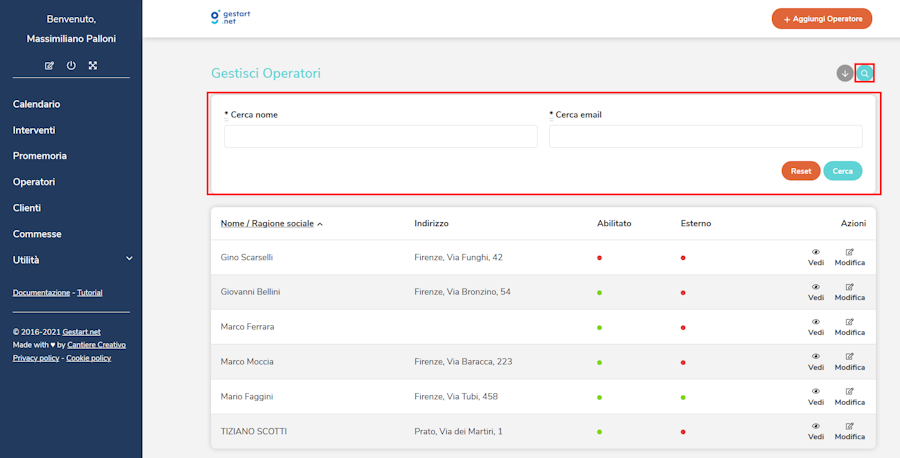 Il campo di ricerca per gli operatori su Gestart