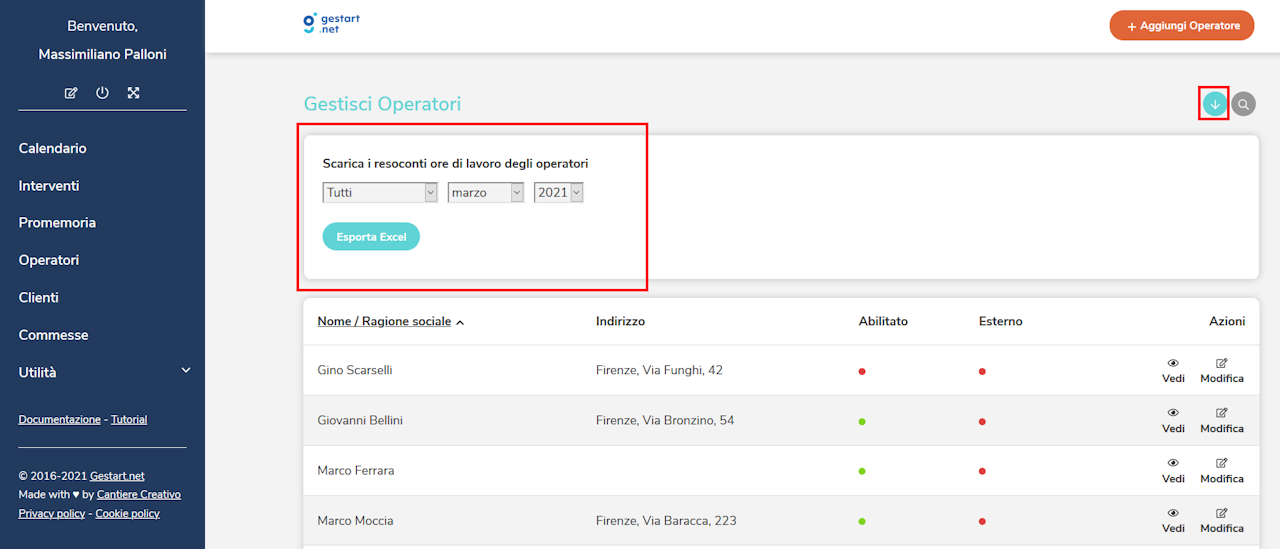 interfaccia per l'esportazione del lavoro degli operatori su Gestart