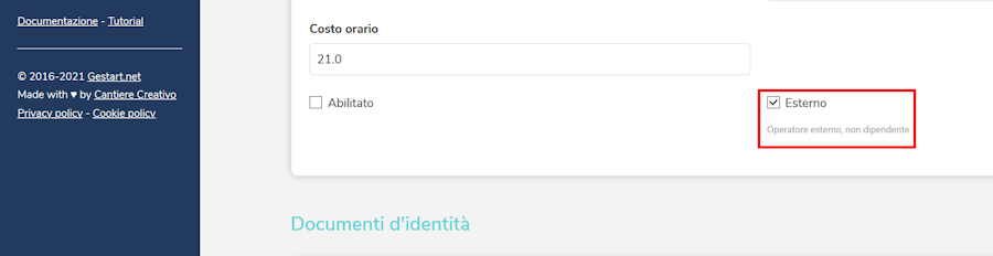 Interfaccia per abilitare un operatore esterno su Gestart