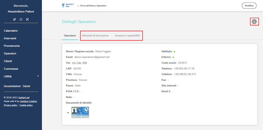 Pannello dettagli operatore su Gestart
