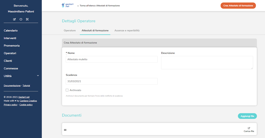 Attestati di formazione dell'operatore