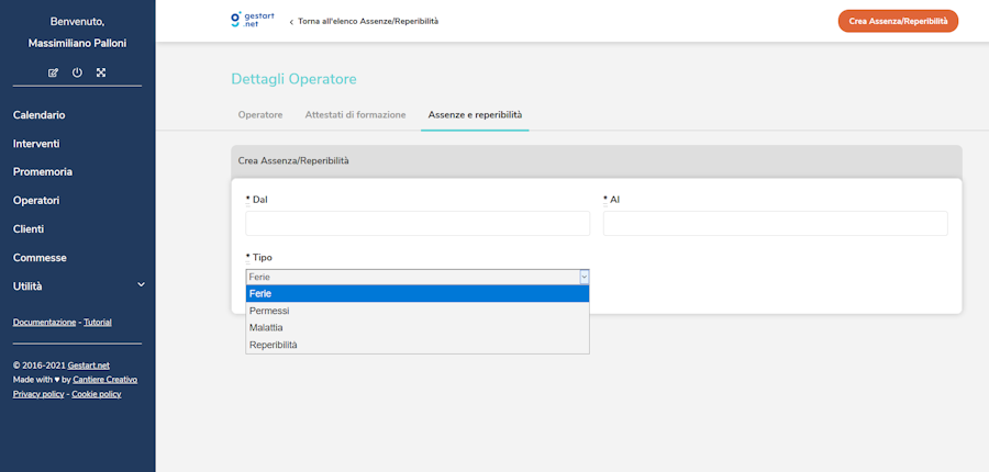 Pannello con assenze, ferie e permessi degli operatori su Gestart