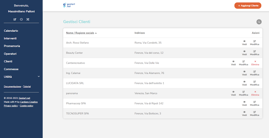 Sezione anagrafica clienti